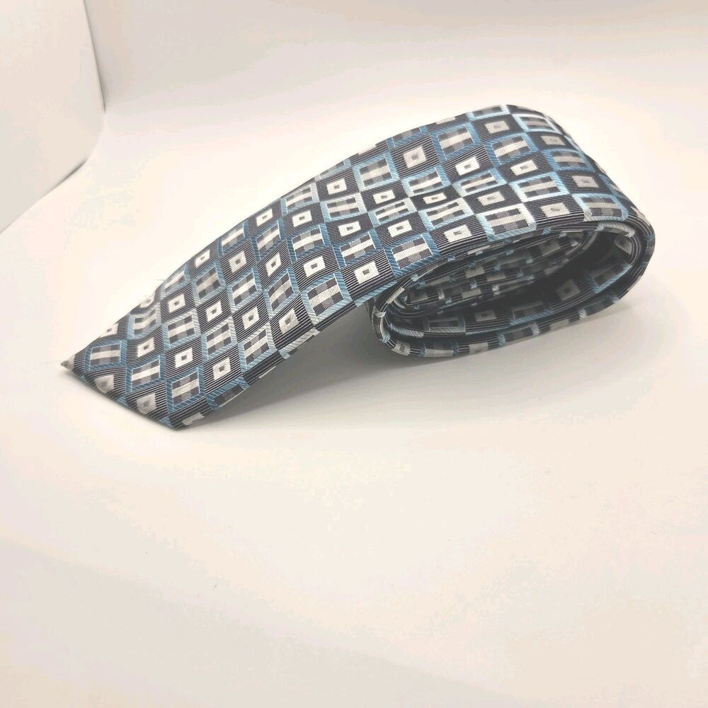 Bergamo New York Mens Tie Blue Silver Grey Geometric Square Mosaic Polyester